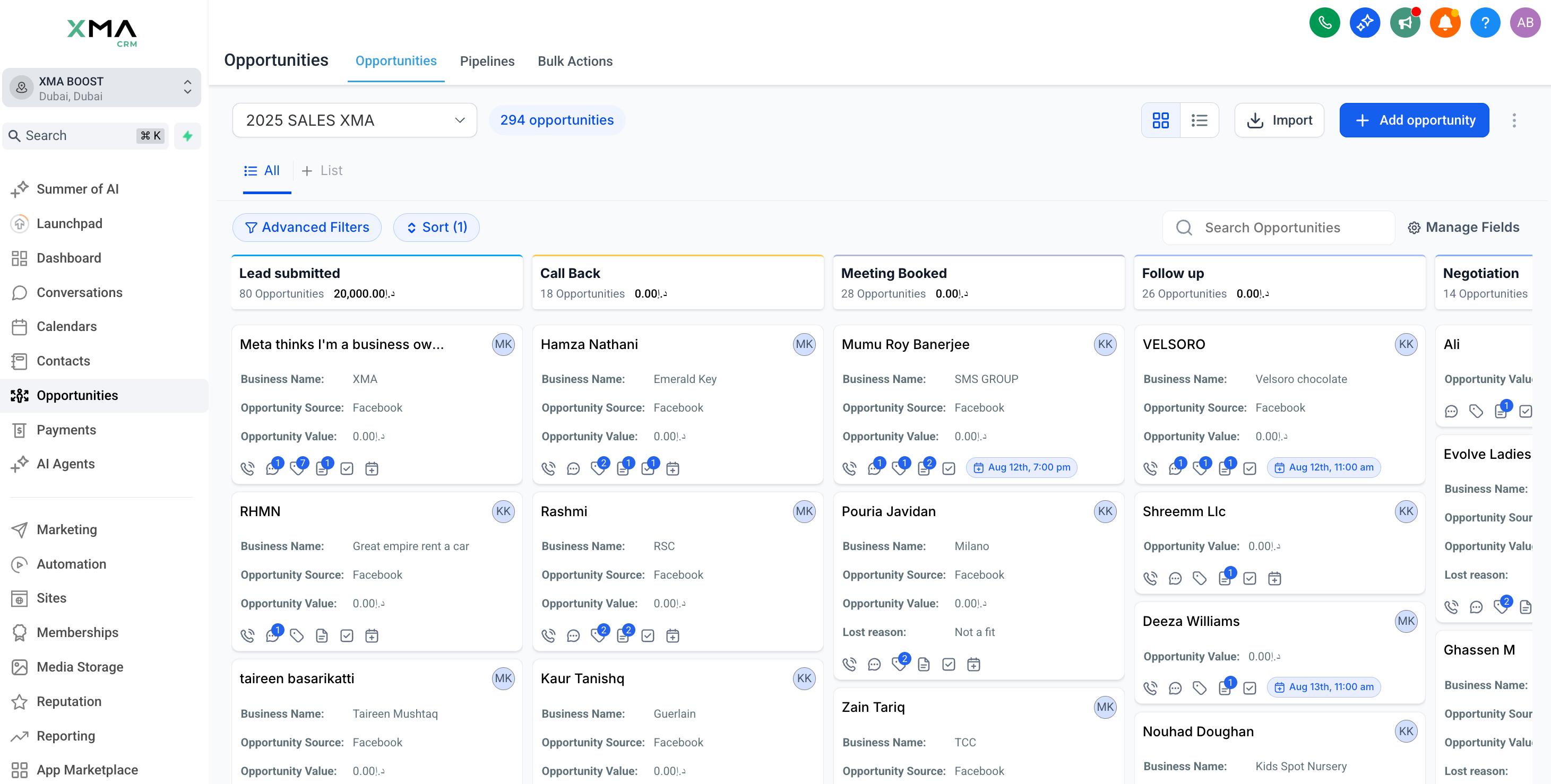 XMA CRM dashboard showing opportunities pipeline with lead management, sales tracking, and multi-channel communication features