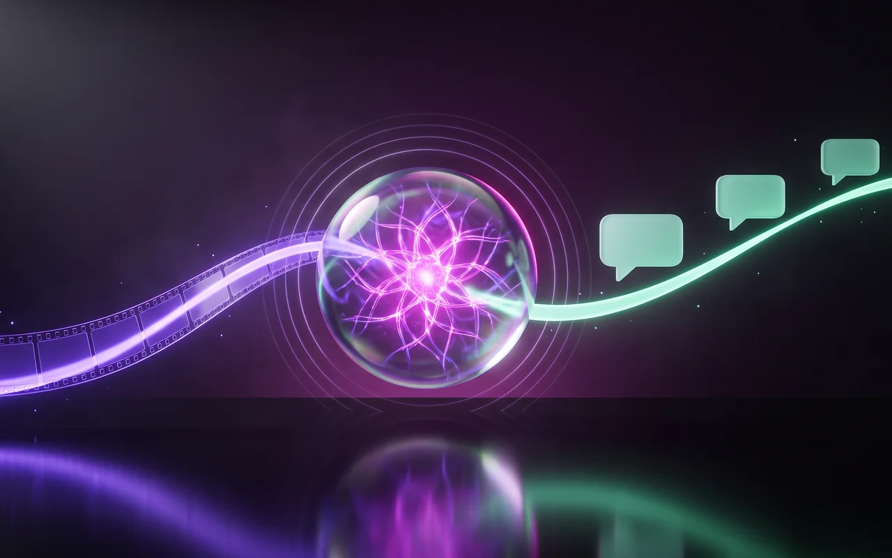 3D render of a glowing crystal sphere sending out film frames on one side and chat bubbles on the other
