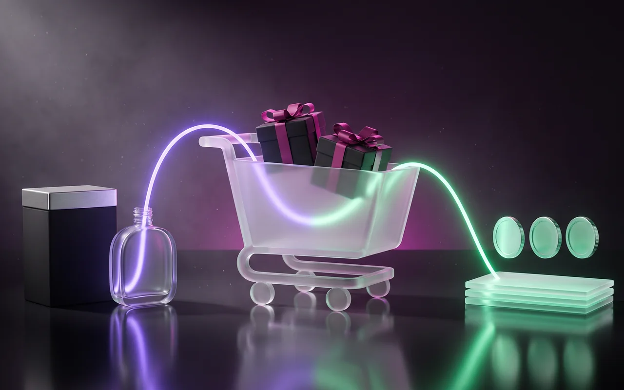 3D render of a black shopping bag circled by a glowing ring of gift boxes
