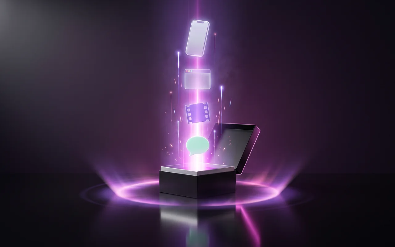 3D render of an open box bursting with colour swatches, a phone, a film frame and a browser window