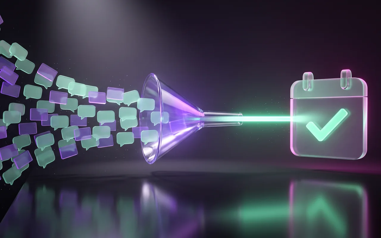3D render of a glass funnel turning violet leads into a line of green chat bubbles and a booked date