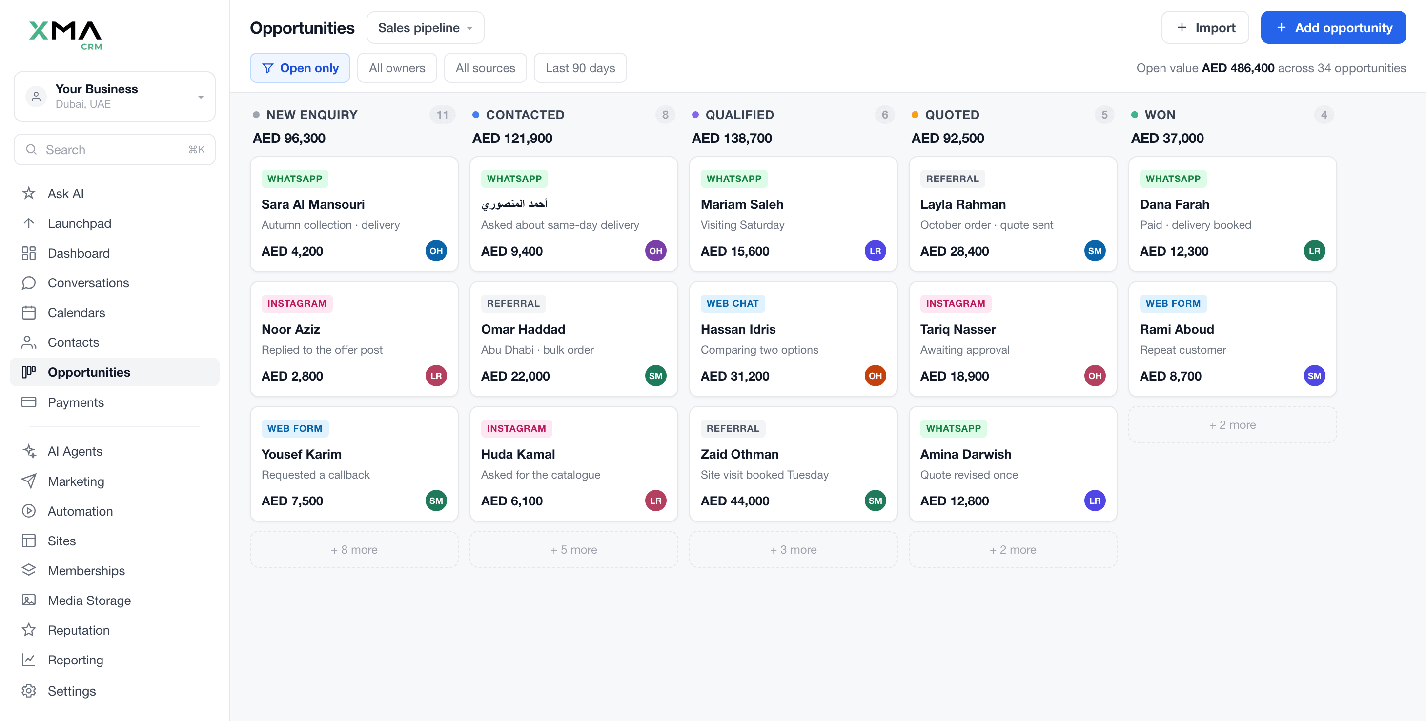 XMA CRM dashboard showing opportunities pipeline with lead management, sales tracking, and multi-channel communication features